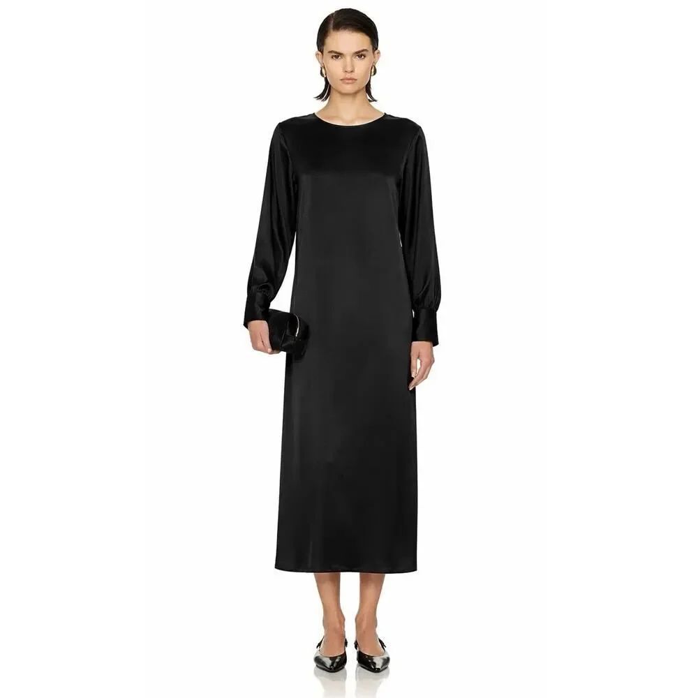 Nili Lotan Black Silk Midi Dress Long Sleeve Minimalist Slip Shift XS